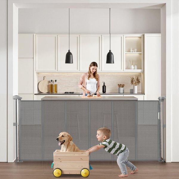 Cancelletto Per Bambini Estensibile 87 Cm - Cancelletto Di Sicurezza Retrattile Per Animali Domestici - Cancelletto Per Bambini Grigio-image