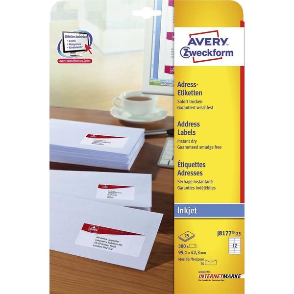 Avery Zweckform® J8177-25 Etichette Per Indirizzi - 99,1 X 42,3 Mm, Bianco, 300 Etichette/25 Fogli, Permanenti, Per Buste Din Lunghe-image