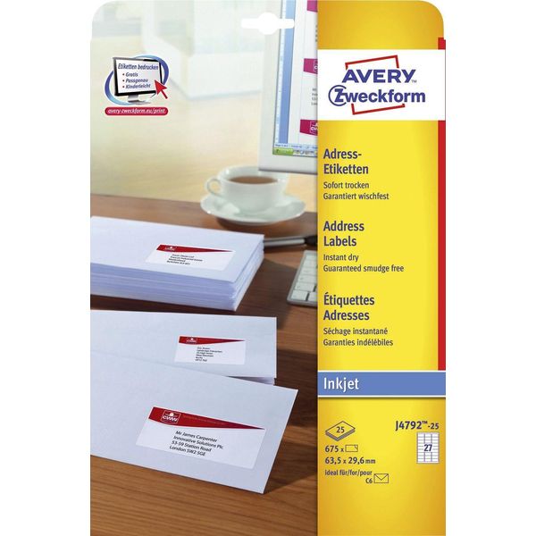 Avery Zweckform® J4792-25 J4792-25 Etichette Per Indirizzi - 63,5 X 29,6 Mm, Bianche, 675 Etichette/25 Fogli, Permanenti, Per Buste C6-image
