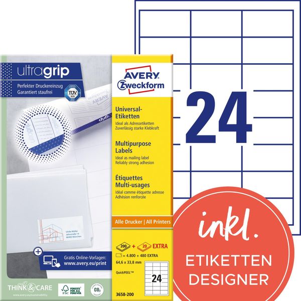 Avery Zweckform 3658 - Etichette Adesive - Bianco - 33,8 X 64,6 Mm - 4800 Etichette (200 Fogli X 24) (3658-200)-image