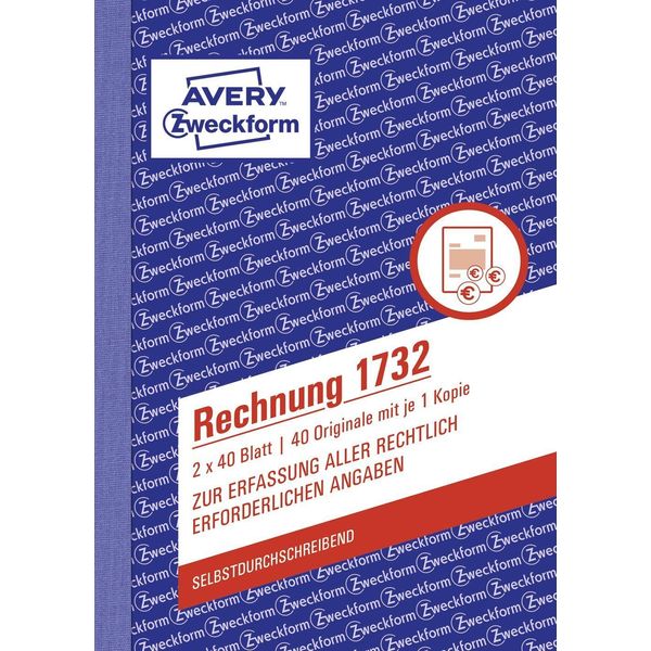 Avery Zweckform® 1732 1732 Fattura, Din A6, Autocopiante, 2 X 40 Fogli, Bianco, Giallo-image