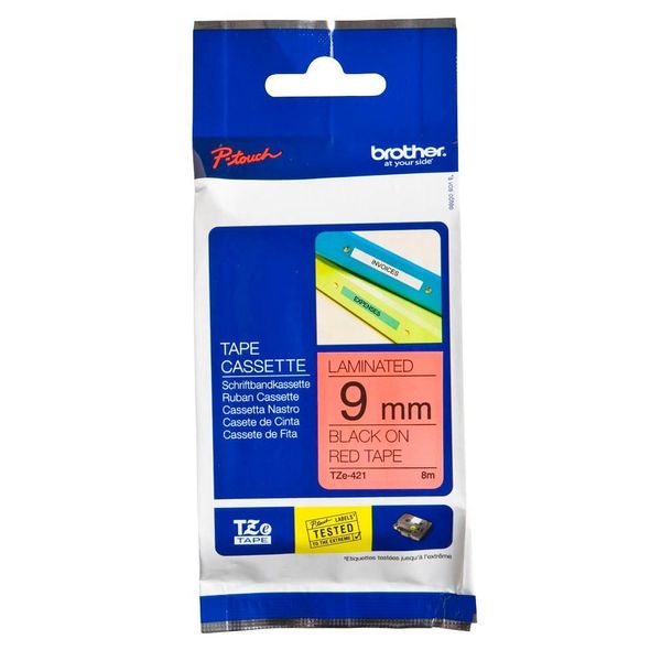 Brother TZE421 Tze-421 Nastro Di Scrittura - Laminato, 9 Mm X 8 M, Nero Su Rosso-image
