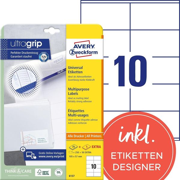 Avery Zweckform 6137 Etichette Universali Avery Zweckform, 105 X 57 Mm, Bianco-image