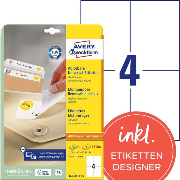Avery Zweckform L6028REV-25 Etichette Universali Avery Zweckform, 105 X 148 Mm, Bianco-image