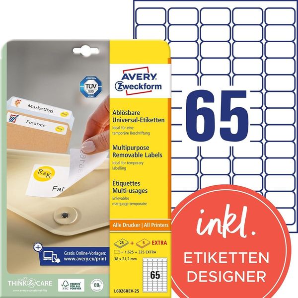 Avery Zweckform L6026REV-25 Etichette Universali Avery Zweckform, 38,1 X 21,2 Mm, Bianco-image