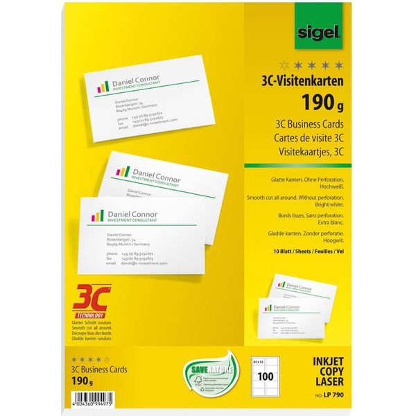 Sigel LP790 Biglietti Da Visita, 3C, Taglio Liscio, 190 G/M², Bianco Brillante, 100 Pz-image
