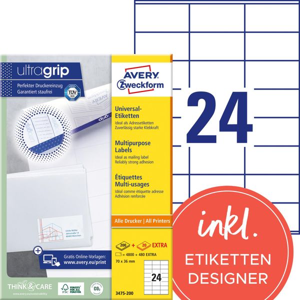 Avery - Mehrzwecketiketten - Weiß - 70 X 36 Mm - 2400 Etikett(En) (100 Bogen X 24) (3475-200)-image