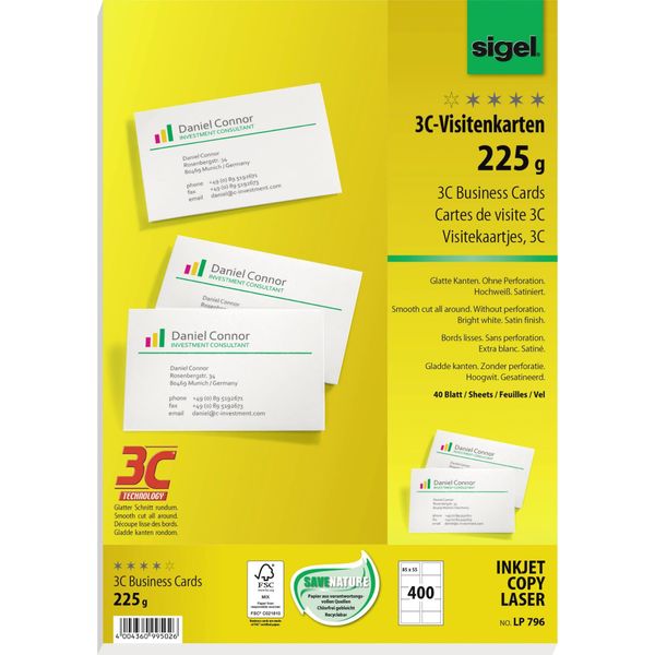 Sigel LP796 Biglietti Da Visita, 3C, Taglio Liscio, 225 G/M², Bianco Brillante, 400 Pz-image