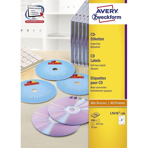 Avery Zweckform® L7676-100 L7676-100 Etichette Per Cd, Ø 117 Mm, 100 Fogli/200 Etichette, Bianco-image