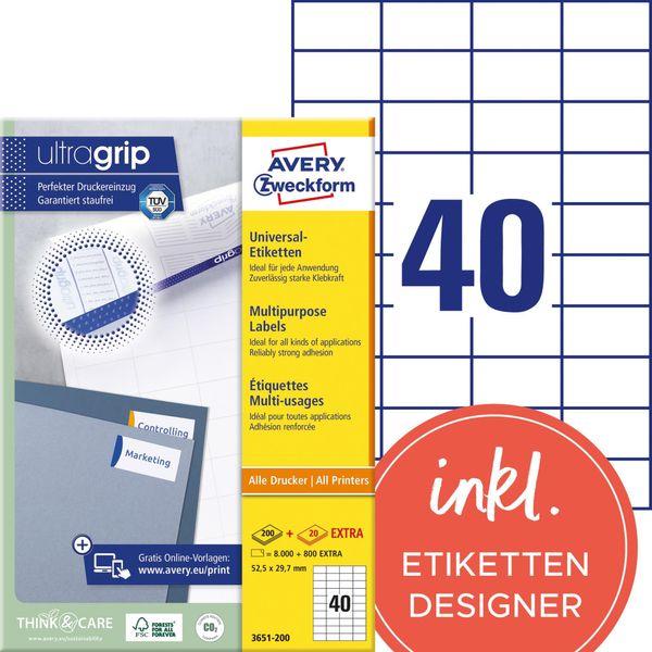 Avery Zweckform Universal - Etichette Di Carta Autoadesive Permanenti - Bianco - 52,5 X 29,7 Mm - 8000 Etichette (200 Fogli X 40) (3651-200)-image