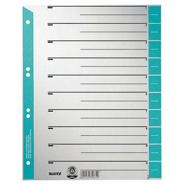 Leitz 1652-00-30 1652 Fogli Divisori - A4 Extra Larghi, Blu Chiaro, Bordo Perforato Colorato, 100 Pezzi-image