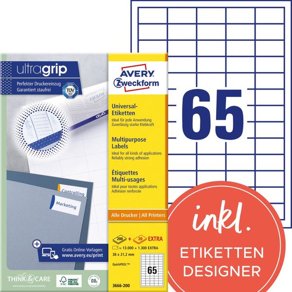 Avery Zweckform Universal - Etichette - Bianco - 38 X 21,2 Mm - 13000 Etichette (200 Fogli X 65) (3666-200)-image