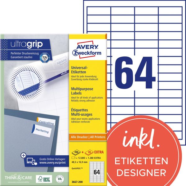 Avery Zweckform Universal - Etichette Di Carta Autoadesive Permanenti - Bianco - 48,5 X 16,9 Mm - 12800 Etichette (200 Fogli X 64) (3667-200)-image