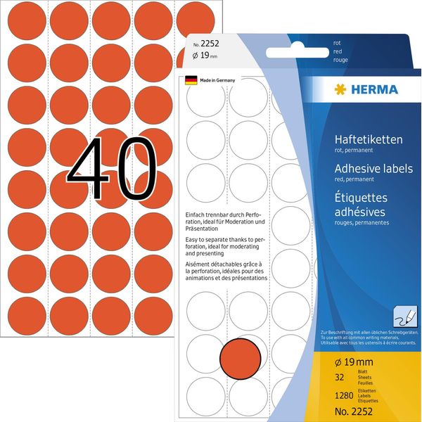 Herma 2252 Etichette Multiuso Rosse Ø 19 Mm Carta Rotonda Carta Opaca Perforata 1280 Pz.-image