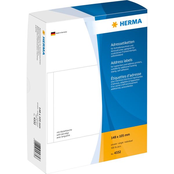 Herma - Etichette Autoadesive Per Indirizzi (Opache) - Bianco - 148 X 105 Mm - 500 Etichette (500 Fogli X 1) (4332)-image