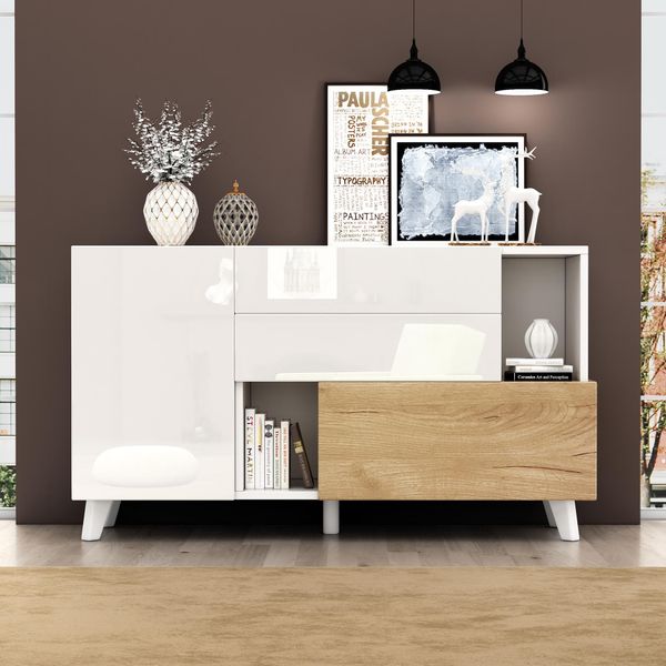 Credenza Lucida Merax 130X40X70 Cm In Bianco E Look Legno, Cassettiera Con Ante, Cassetti E Vani A Giorno, Mobile Moderno Per Sala Da Pranzo E Soggiorno-image