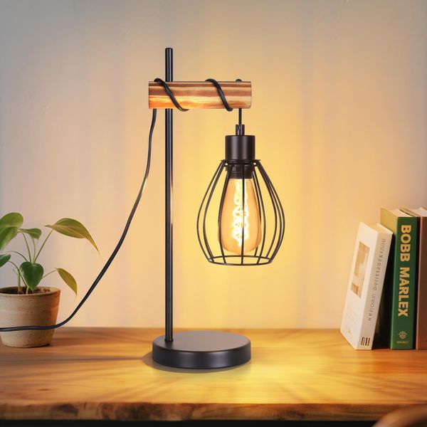 Zmh Lampada Da Tavolo Nera Da Comodino E27 Lampada Da Tavolo Retrò A 1 Fiamma In Metallo Industriale Lampada Da Comodino Vintage Con Cavo Senza Lampadina-image