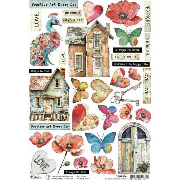 Carta Di Riso Per Decoupage A4 - Ciao Bella - Elementi Majestic Dream - Papaveri, Pavone, Casa-image