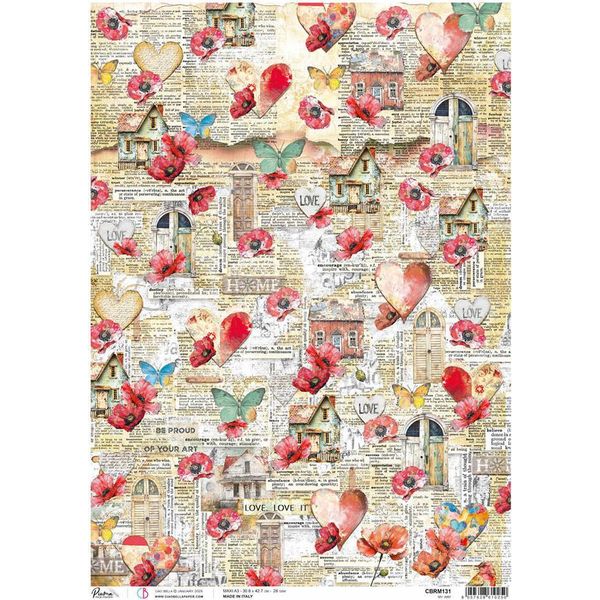 Carta Di Riso Per Decoupage Ciao Bella Per Decoupage A3 -Majestic Dream My Way - Papaveri, Cuori, Farfalle-image