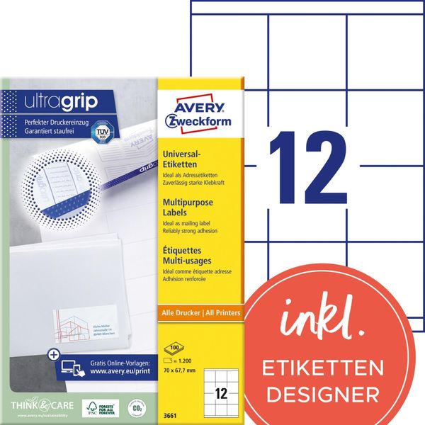 Avery - Etiketten - Weiß - A4 (210 X 297 Mm) - 100 Stck. 12) (3661)-image
