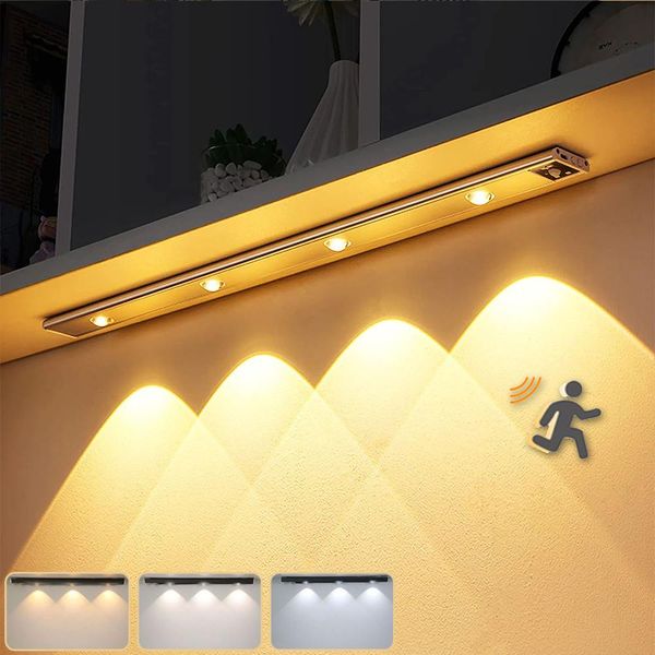 60CM Ha Condotto La Striscia Di Luce Sotto Il Gabinetto Con Il Rivelatore Di Movimento Ricaricabile Senza Fili 3 Luci Del Gabinetto Del Sensore Del Colore Della Luce Dimmerabile, Argento-image
