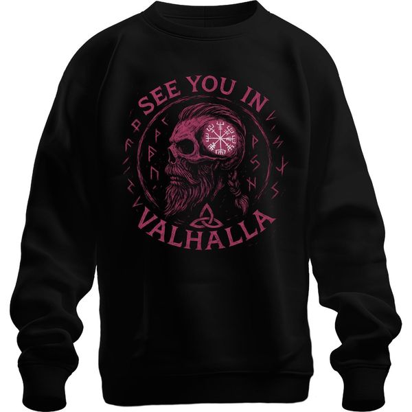 Teschio Vichingo Vegvisir Rune Tre Nodi Ci Vediamo Nel Valhalla Felpa Unisex Pullover, Nero, M-image