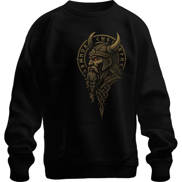 Guerriero Vichingo Ritratto Rune Elmo Odino Mitologia Norrena Felpa Unisex Pullover, Nero, Xl-image