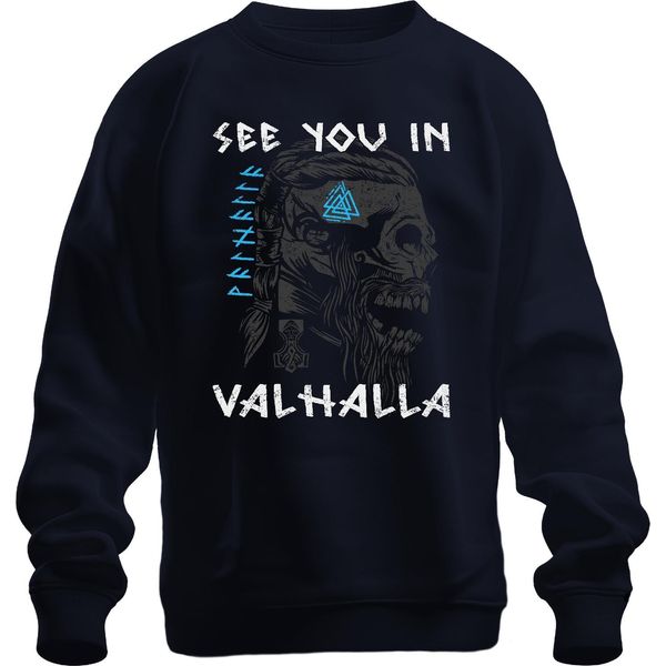Ci Vediamo Nel Valhalla Teschio Vichingo MjöLnir Rune Mitologia Felpa Unisex Pullover, Navy, Xl-image