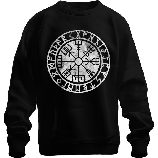 Vegvisir Viking Compass Nordic Runic Circle Protection Symbol North Unisex Felpa Pullover, Nero, M-image