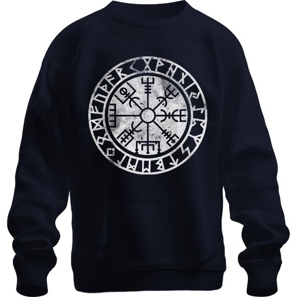 Vegvisir Viking Compass Nordic Runic Circle Protection Symbol North Unisex Felpa Pullover, Navy, M-image