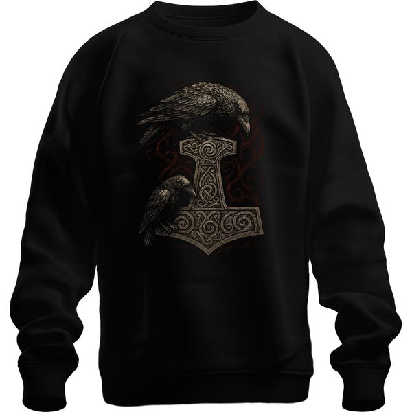 Martello Di Thor Con Corvo Mitologia Norrena Arte Runica Vichinga Felpa Unisex Pullover, Nero, 3XL-image