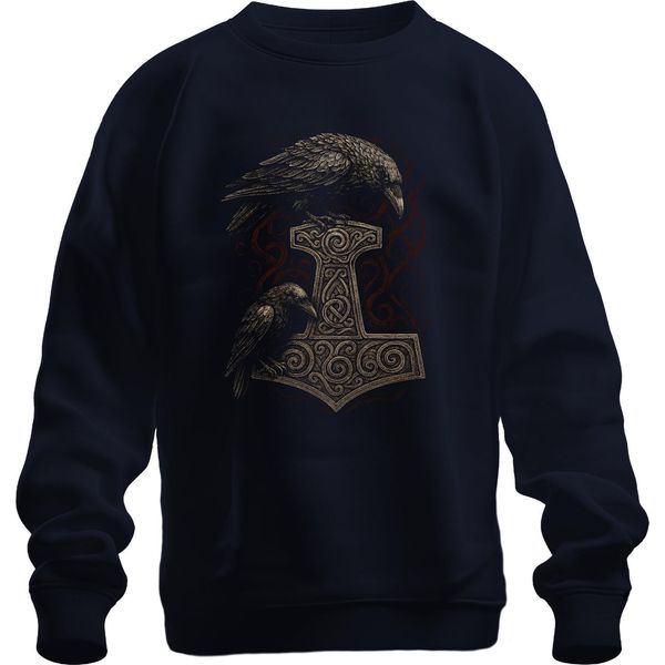 Martello Di Thor Con Corvo Mitologia Norrena Arte Runica Vichinga Felpa Unisex Pullover, Navy, Xl-image