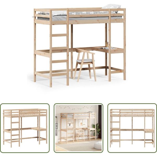 The Living Store Letto A Soppalco Con Scrivania 75X190 Cm In Legno Di Pino Massiccio-image