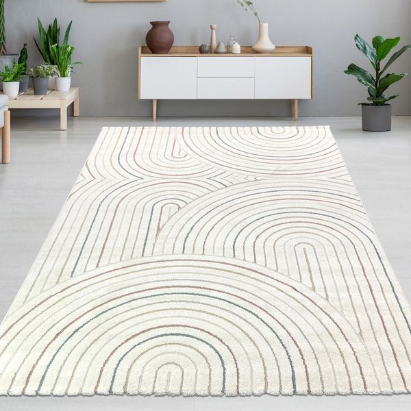 Tappeto Con Un Elegante Motivo Ad Arco In Beige Con Strisce Colorate Dimensioni - 140 X 200 Cm-image