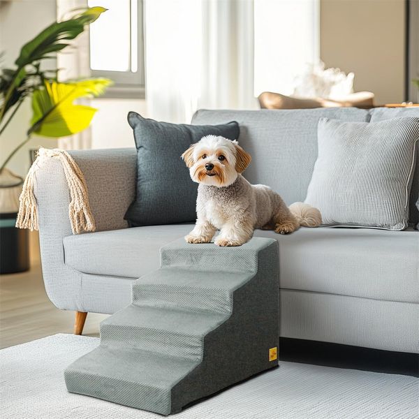 Wisfor Gradini Per Cani A 4 Gradini, Rampa Antiscivolo Per Animali Domestici, Rivestimento Rimovibile, Gradini Per Cani Con Spugna Ad Alta Densità-image