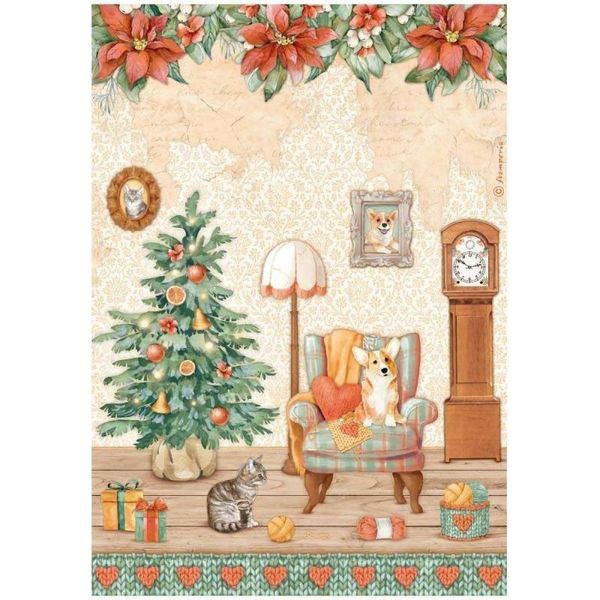 Stamperia A4 Carta Di Riso Decoupage Carta Artigianale, All Around Christmas La Stanza, Il Cane-image