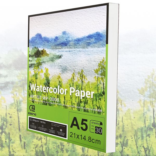 Eseng® Premium Carta Per Acquerello Din A5, 100% Cotone - 30X Fogli - 300GSM - Bianco, Blocco Per Acquerello, Blocco Per Pittura Carta Per Acquerello, Disegno, Pittura-image