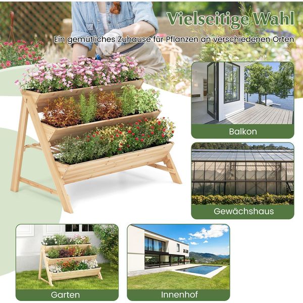 Costway Letto Rialzato In Legno A 3 Livelli, Letto Per Piante Con Ripiano, 2 Ganci, 3 Fioriere E 3 Fogli Per Piante, Letto Per Erbe, Letto Da Giardino, Letto Verticale, Natura-image