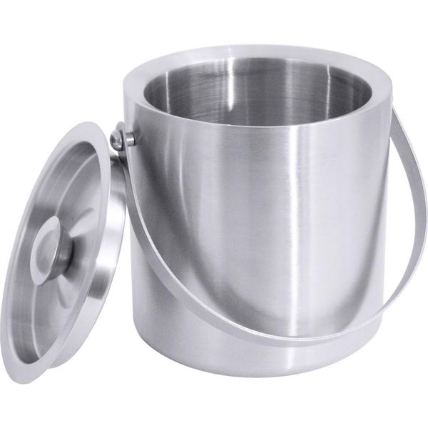 Secchiello Per Ghiaccio A Doppia Parete In Acciaio Inox, Finitura Satinata Spazzolata, Contenitore A Doppia Parete, Coperchio (A Parete Singola), Con Maniglia Per Il Trasporto, Qualità Pesante-image