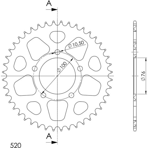 Pignone Supersprox In Alluminio 520 - 43T (Nero) RAL-7091:43-BLK|ID 76,0 Lk 100,0 5 Fori-image