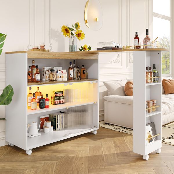 Abrihome Tavolo Da Sala Da Pranzo Girevole A 360° Tavolo Da Bar Con Vano Portaoggetti, Tavolo Da Pranzo Tavolo Da Cucina Allungabile Con Armadio, Tavolo Da Bar Con Led, Bianco-image