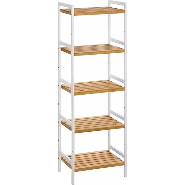In And Outdoormatch Bamboo Shelf Meggie - Libreria - Scaffale In Piedi - 5 Ripiani - 45 X 31,5 X 142 Cm - Bagno - Cucina - Soggiorno - Bianco Naturale-image