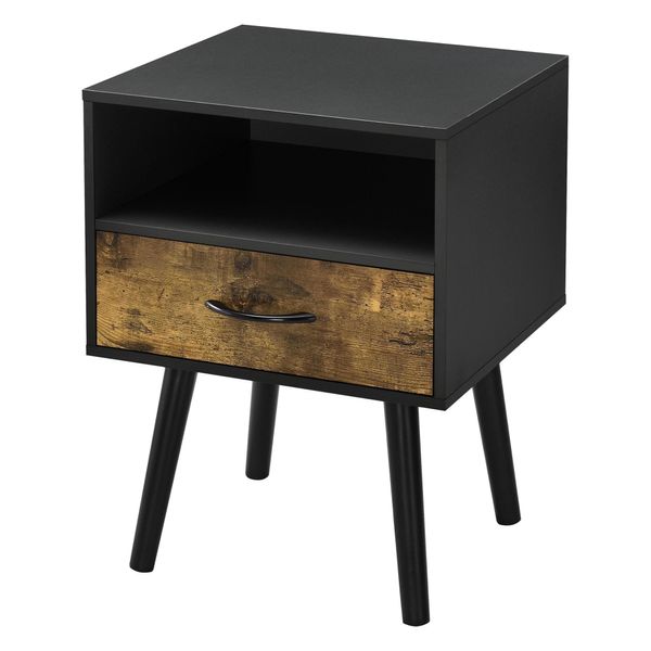 In And Outdoormatch Nikki Comodino - Con Cassetto E Vano A Giorno - 57X42X40 Cm - Nero E Legno Scuro - Design Moderno-image