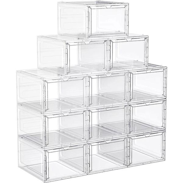 In And Outdoormatch Chaim - Scatola Per Scarpe In Plastica - Con Sportello - Trasparente - Set Di 6 - Impilabile - Facile Montaggio 27 X 34,5 X 19 Cm - Per Scarpe Fino Al Numero 45 - Bianco-image