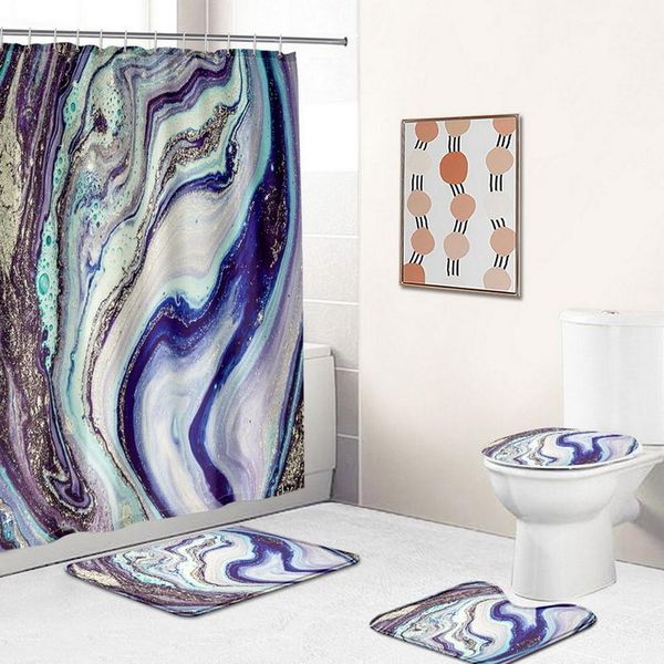 Set Di 4 Pezzi Di Tende Da Doccia In Poliestere Impermeabili E Antimuffa, Tenda Da Doccia Lavabile Con Stampa Digitale E Tappetino Da Bagno Per Il Bagno, Stile 6-image