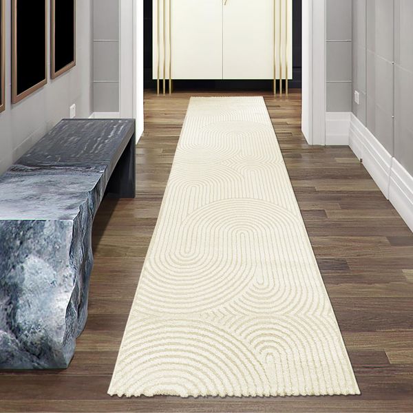 Tappeto Da Salotto Moderno Con Motivo Curvo In Crema Dimensioni - 80 X 300 Cm-image