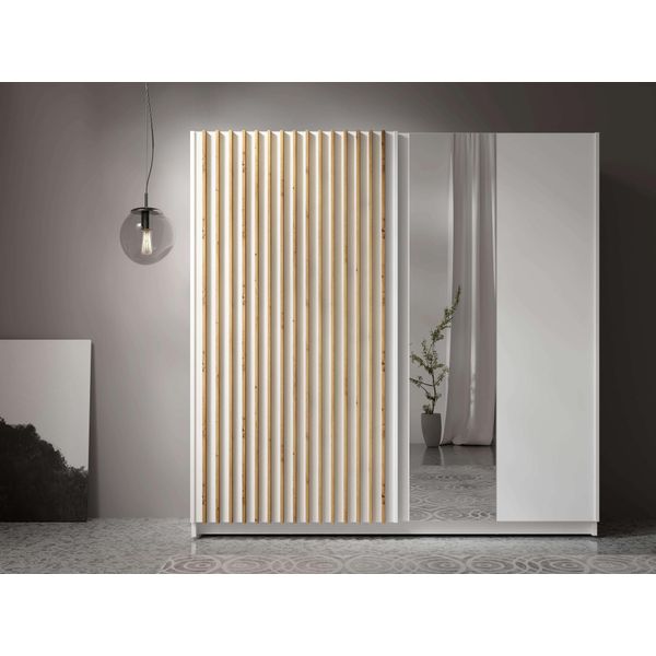 Kleiderschrank Home Affaire "Kleiderschrank Camden Mit Spiegel, 4 EinlegeböDen Und Kleiderstange", Weiß, B:200,2Cm H:198,5Cm T:62Cm, Fsc-Zertifizierter Holzwerkstoff, Mdf, SchräNke, Kleiderschrank, Garderobe Mit 2 SchwebetüRen Und Lamellen, Bxhxt 200,2X198,5X61,6 Cm-image
