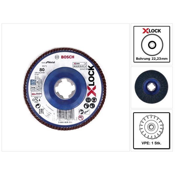 Bosch X571 X-LOCK Disco Lamellare Best For Metal / 125X22,23Mm / G80 ( 2608619211 ) - Versione Dritta-image
