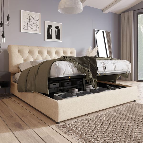Letto Matrimoniale Idraulico Letto Imbottito 160X200Cm, Testata Regolabile, Struttura Letto Moderna Con Contenitore, Naturale, Senza Materasso-image
