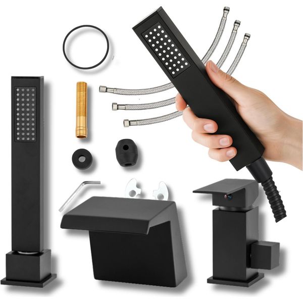 Miscelatore A 3 Fori Per Vasca Granitan | - Nero Opaco - Design Moderno - Sistema A Cascata E Anticalc-image
